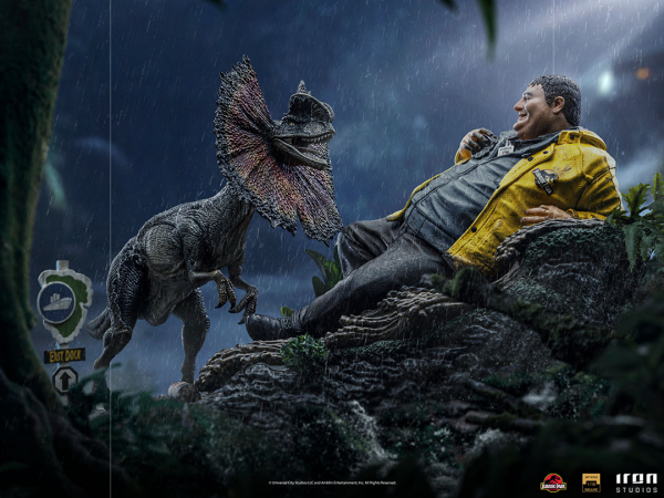 Dennis Nedry meets the Dilophosaurus Statue 1/10 Art Scale Deluxe, Jurassic Park, 21 cm